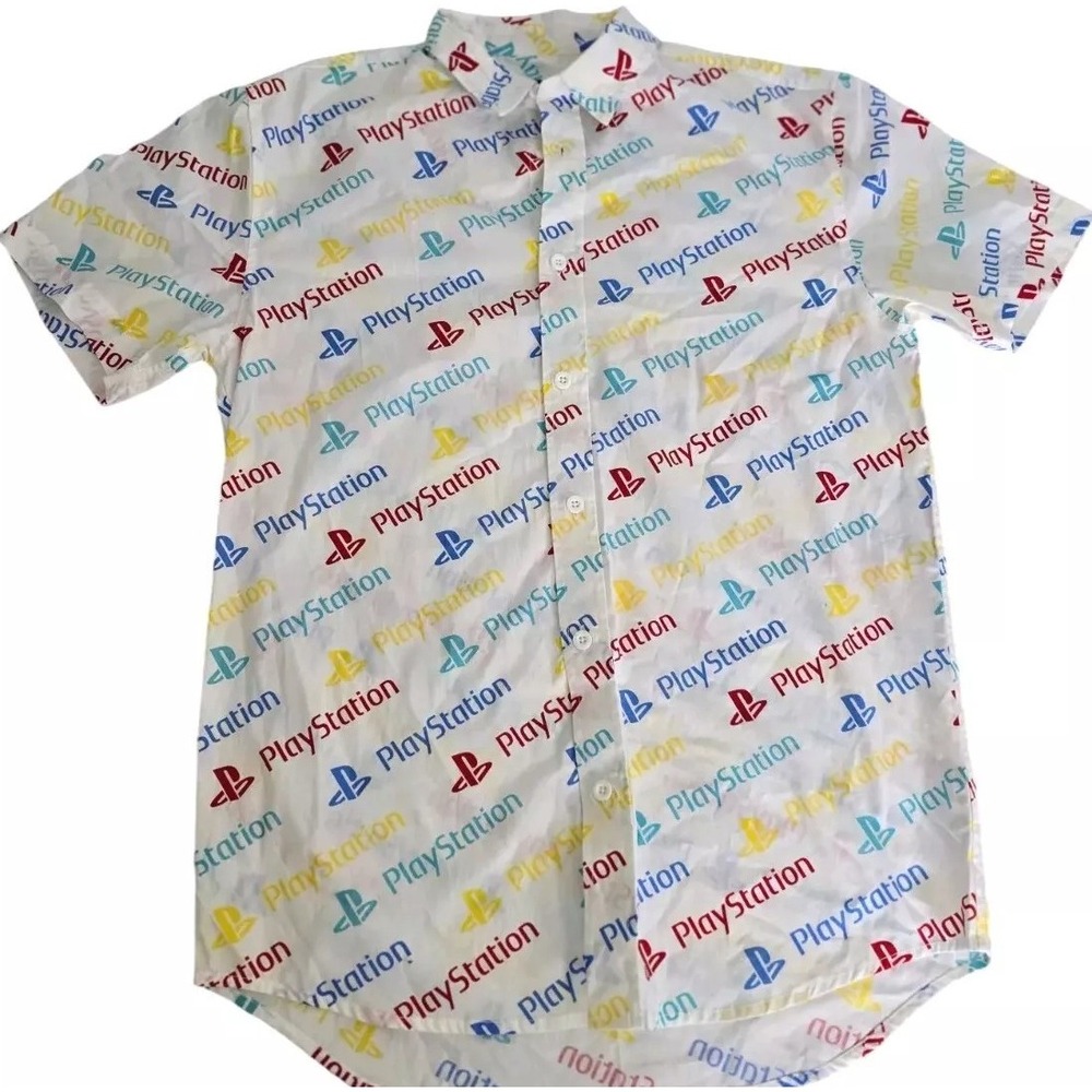 Playstation Logo Mens Button Up Shirt Size Medium‎ Short Sleeve Gamer Y2K Casual